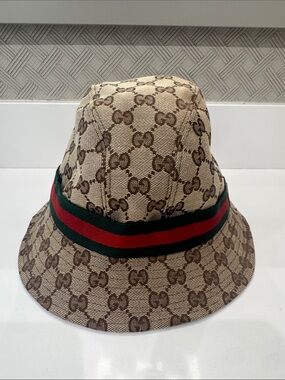 Gucci Beige & Brown Monogram Bucket Hat with Green and Red Stripe
